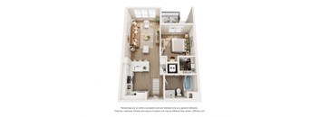 A 3D floor plan of a small apartment with a kitchen, living room, and bathroom.
