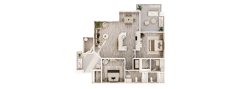 A top-down view of a house layout with a living room, kitchen, and bathrooms.