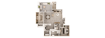 A detailed 3D floor plan of a house layout.