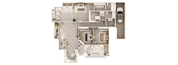 A top-down view of a house layout with a car parked outside.