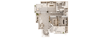 A floor plan of a house with a kitchen, living room, dining room, and bathrooms.