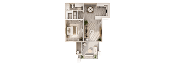 A top-down view of a modern apartment layout.
