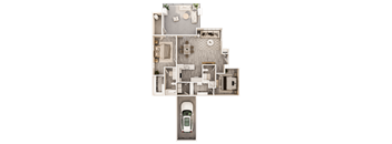 A floor plan of a house with a garage and a car.