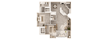 A top-down view of a house layout with a living room, kitchen, and two bedrooms.