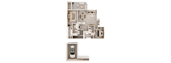 A floor plan of a house with a garage and a car.