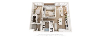 A 3D floor plan of a small apartment with a kitchen, living room, and bathroom.