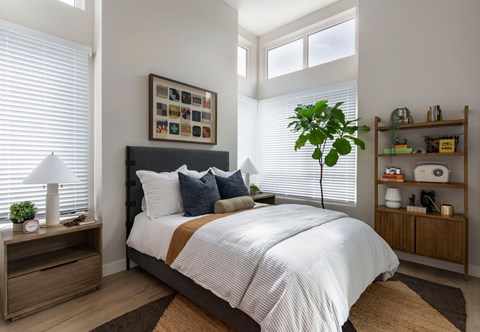 A bedroom with a large bed, a nightstand with a lamp, and a plant on the windowsill.