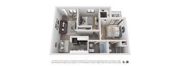 this is a 3d floor plan of a 757 square foot 1 bedroom apartment at the
