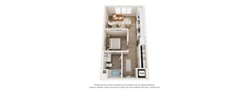 A 3D floor plan of a small apartment with a kitchen, living room, and bathroom.