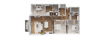 A detailed 3D floor plan of a house showing the layout of the rooms.