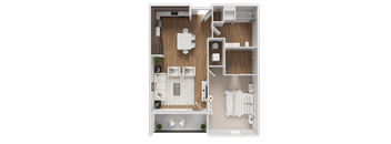 A detailed 3D floor plan of a small apartment.