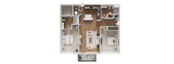 A detailed floor plan of a small apartment with a kitchen, living room, and bathroom.
