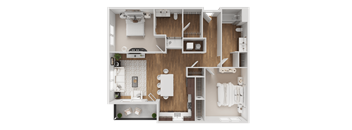 A top-down view of a well-organized bathroom with a separate shower area.
