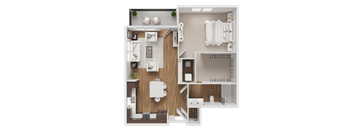 A detailed 3D floor plan of a small apartment layout.