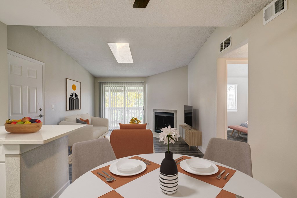 Dining room and living room with fire place