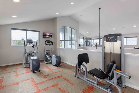 A gym with a variety of equipment including a rowing machine, a stationary bike, and a bench press.