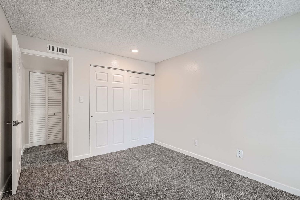 a bedroom with a closet and a door to the bathroom