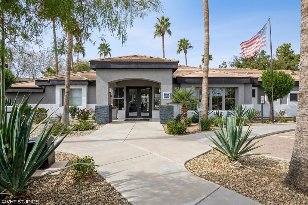 a building with an flag in front of it