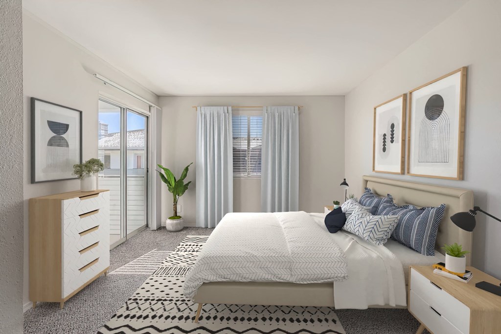 a bedroom with a bed and a dresser and a window