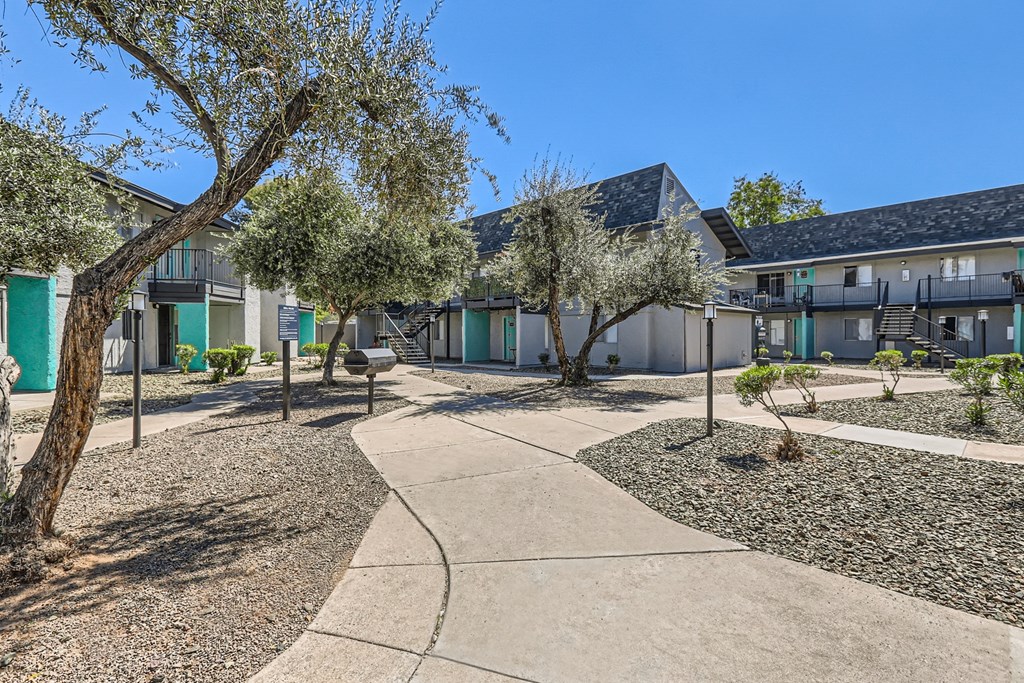 a courtyard with trees in front of a building