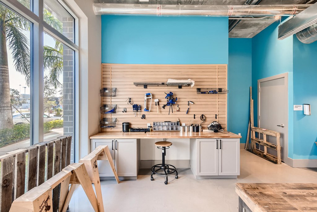 a kitchen with a counter and a large window