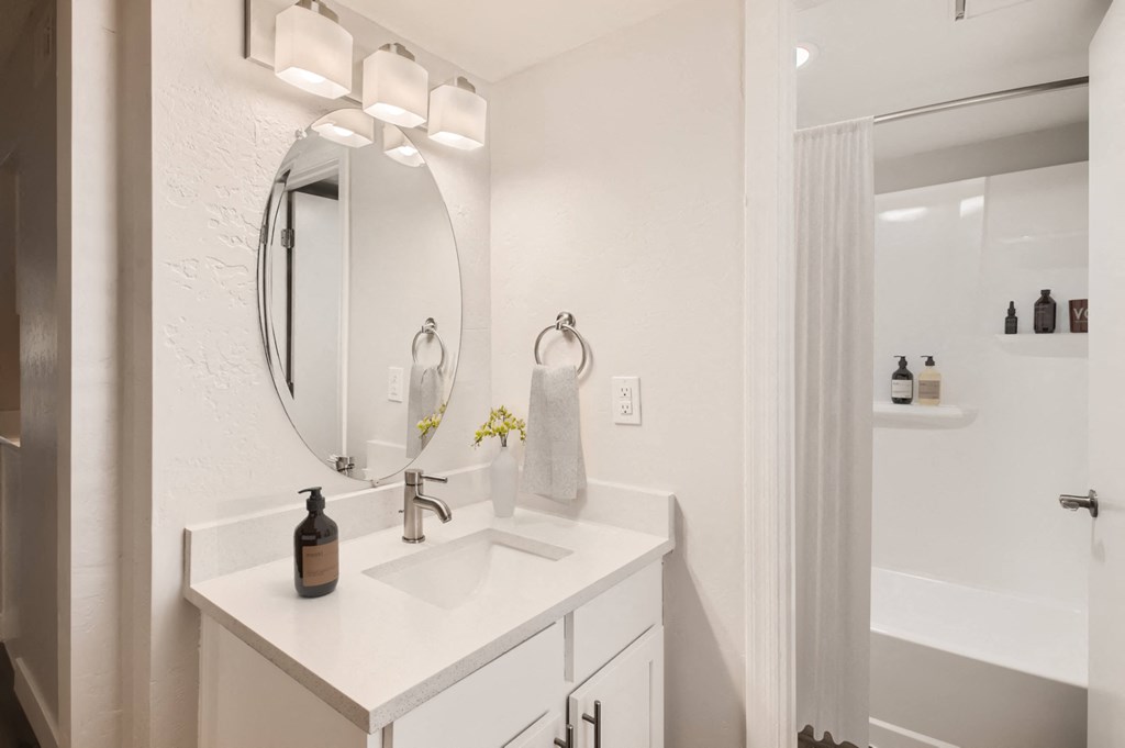 a bathroom with a sink and a mirror