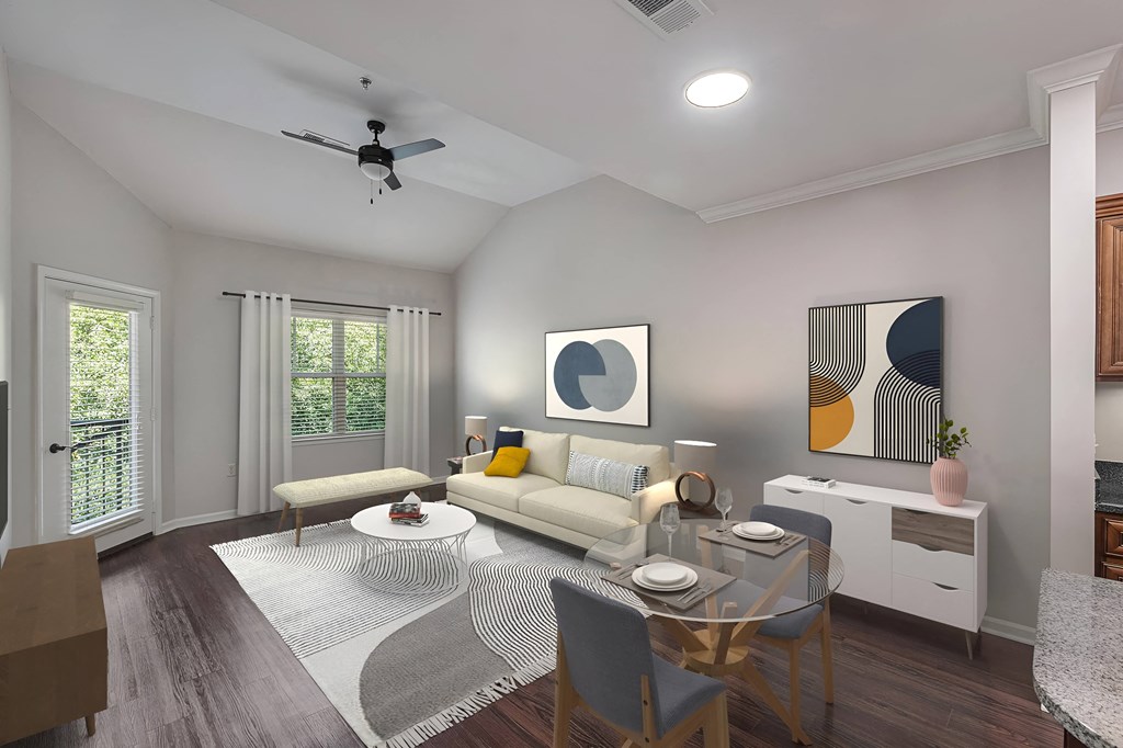 a living room with a couch and a table