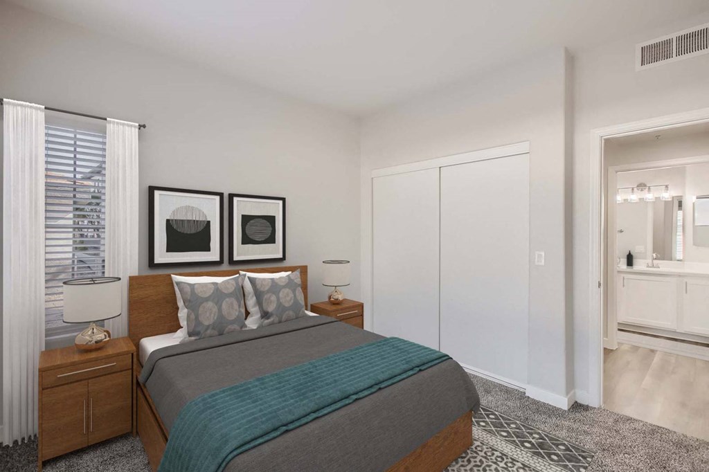 a bedroom with a bed and a closet