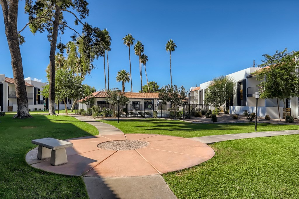 a park with grass and palm trees and buildings