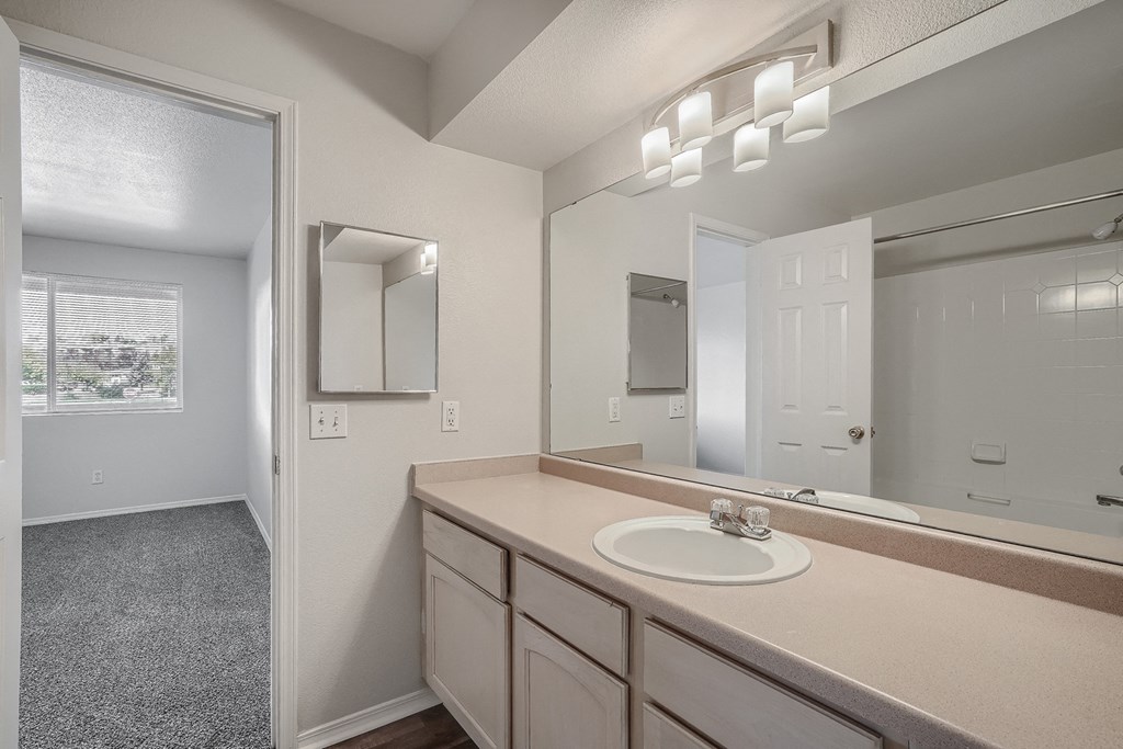 the preserve at ballantyne commons apartment bathroom with sink and mirror