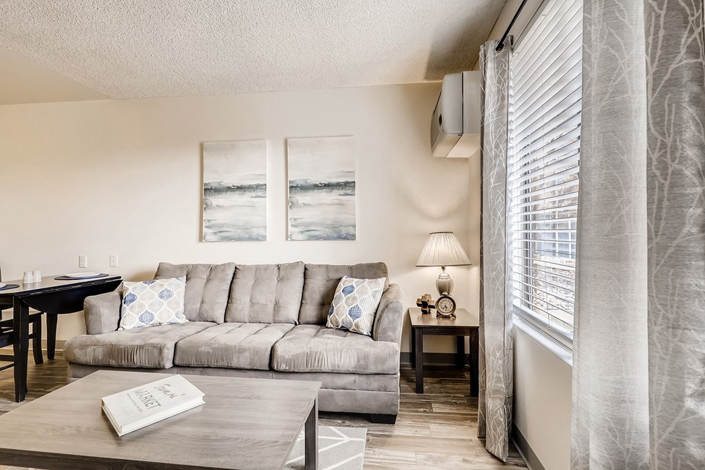 a living room with a couch and a coffee table