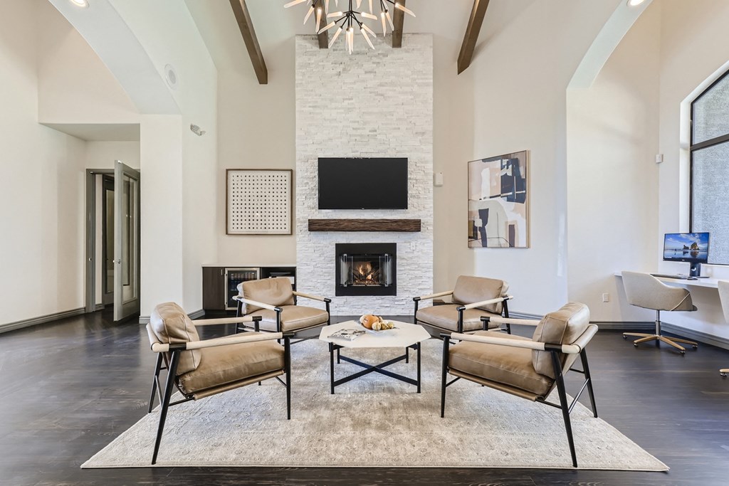the preserve at ballantyne commons living room with furniture and a fireplace