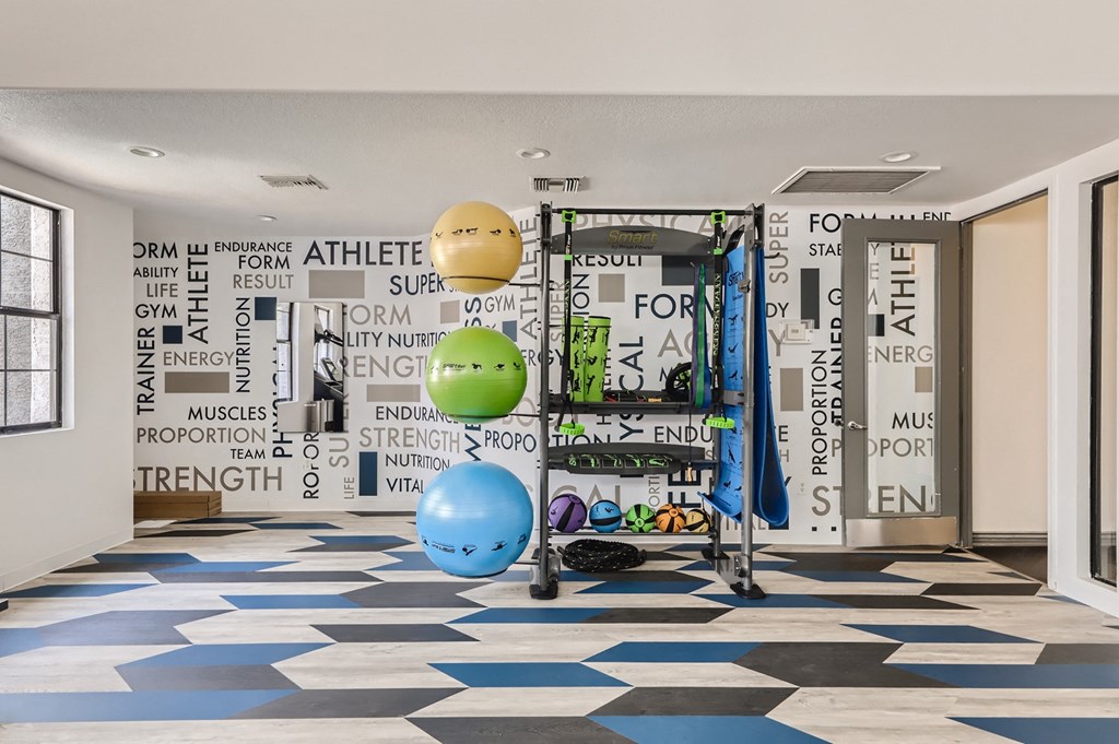 a gym with a blue and white checkered floor and a rack with spheres