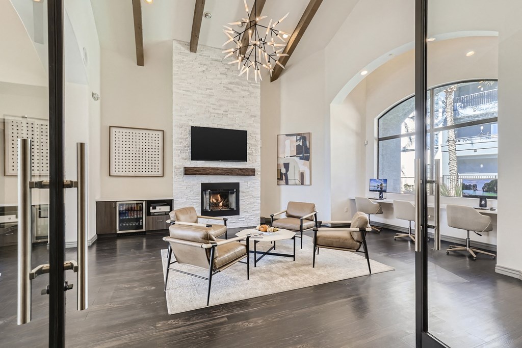 the preserve at gateway living room with fireplace and seating area