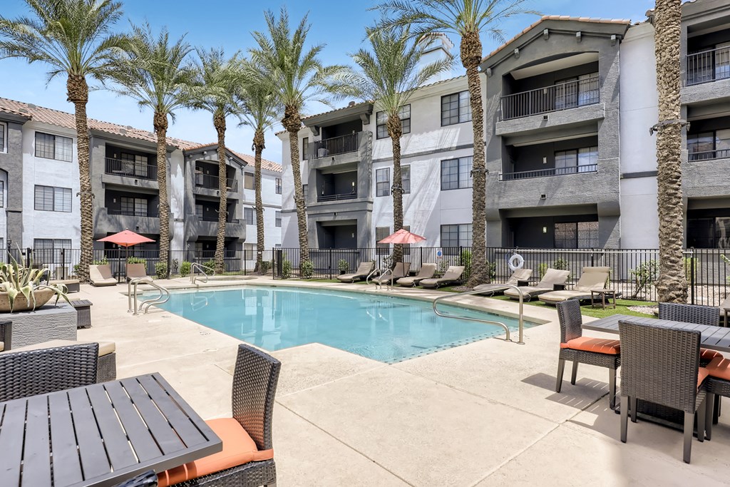 our apartments have a large pool and lounge chairs