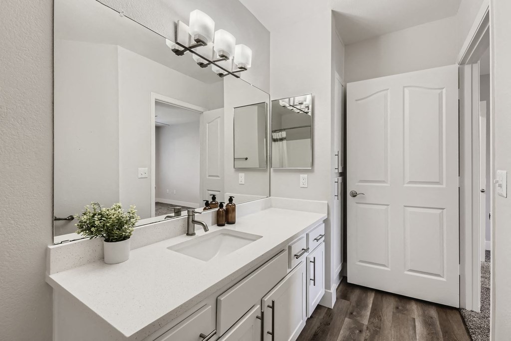 a bathroom with white cabinets and a white door