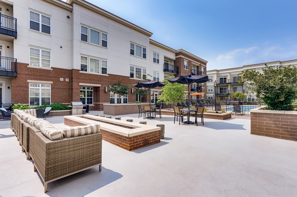 the preserve at ballantyne commons community patio with furniture and buildings