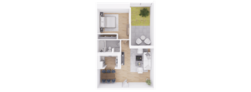 a 3d rendering of a furnished floor plan with a kitchen and living room