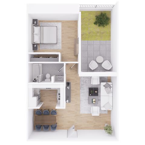 a 3d rendering of a furnished floor plan with a kitchen and living room