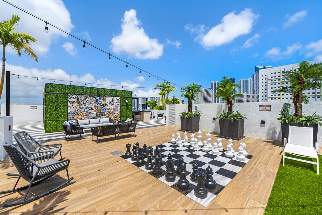 a giant chess board on the roof of a building