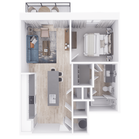 a furnished floor plan of a 1 bedroom apartment