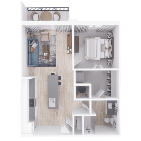 a furnished floor plan of a 1 bedroom apartment