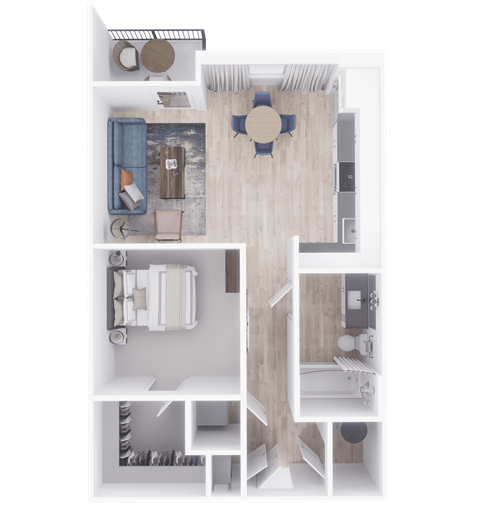 a furnished floor plan of a 1 bedroom apartment