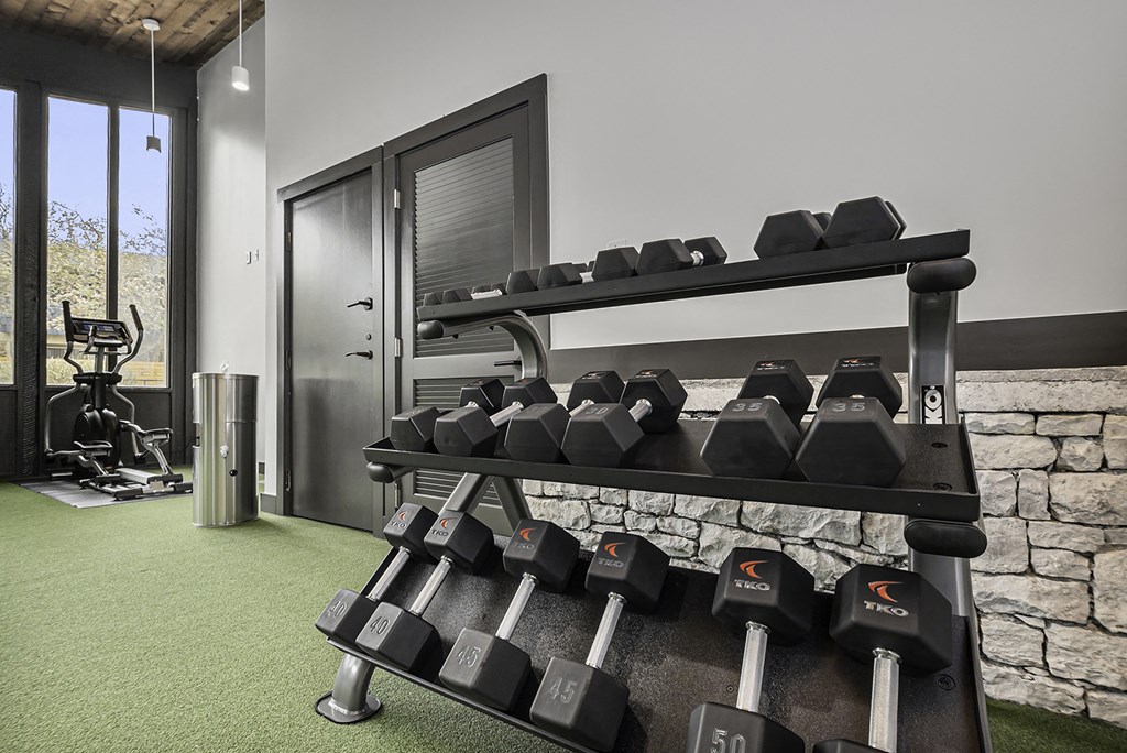 a gym with weights on a rack in front of a window