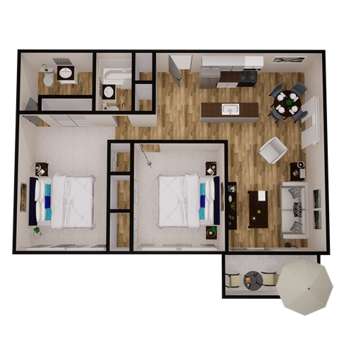 2x2 bedroom floor plan at flats at pineclliff