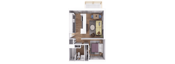 a 3d rendering of a bedroom with a living room