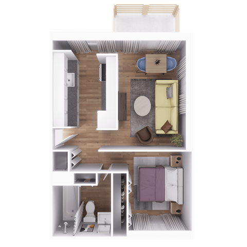 a 3d rendering of a bedroom with a living room