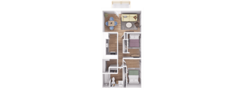a 3d rendering of a floor plan with a bedroom and living room