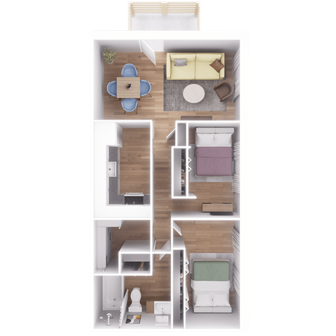 a 3d rendering of a floor plan with a bedroom and living room