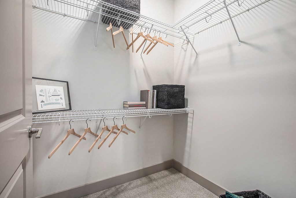 a closet with shelves and hooks and a rack on the wall